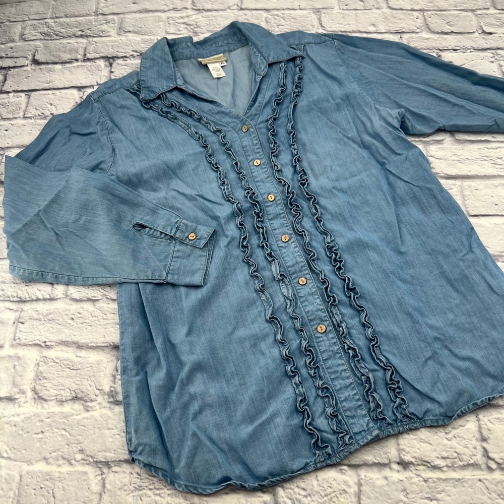 Coldwater Creek Womens XL Blue Chambray Ruffle Button Up Shirt Tencel Lyocell - Picture 2 of 9